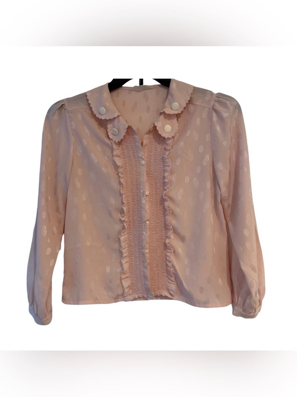 Vintage Ruffle Blouse Cottagecore Peter Pan Collar Small sheer pink